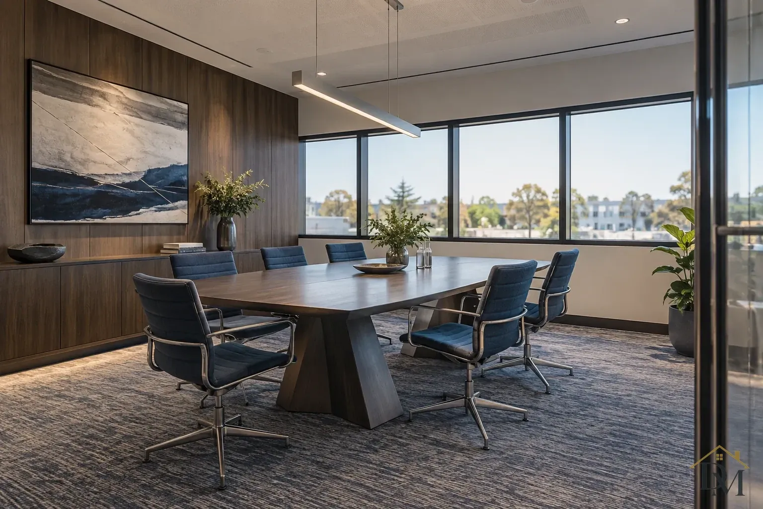 Boardroom table and chairs beside large windows