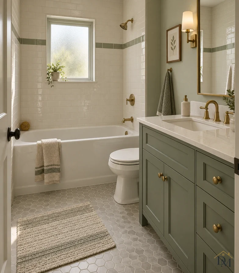 First view: a striped towel hangs over the tub edge and the woven mat sits at an angle.