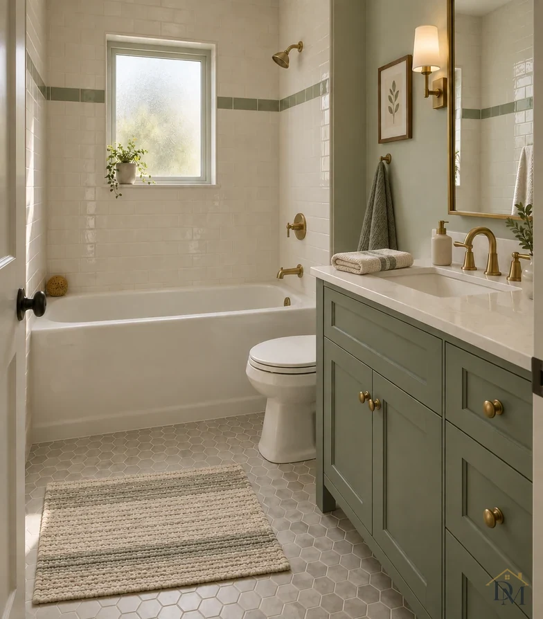 Second view: the towel folded on the sage vanity counter and the mat squared on the hex tile.