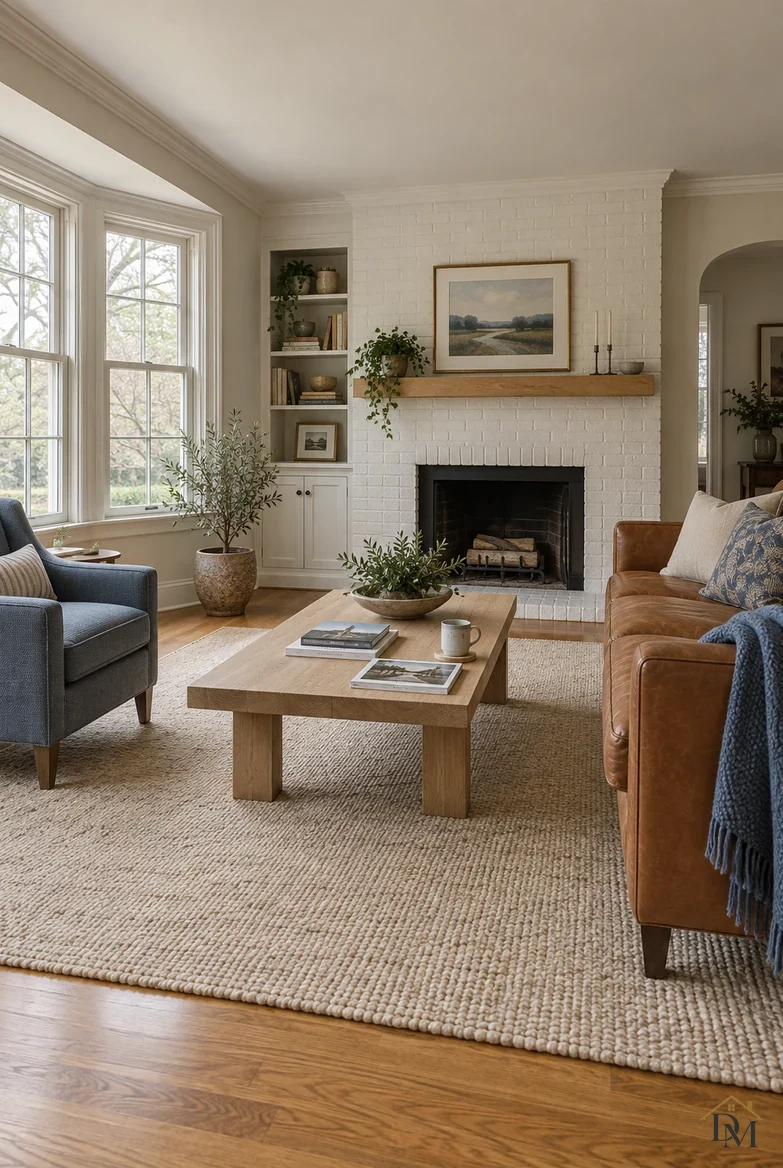 First view: two books, a magazine and a mug sit on the wide oak coffee table by the brick fireplace.