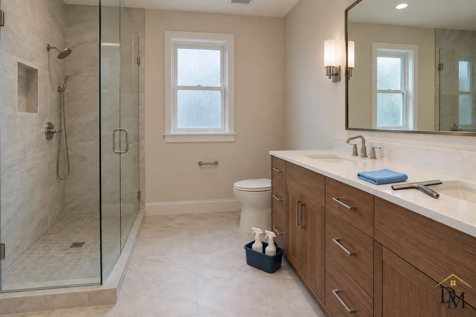 A caddy sits on the tile while a cloth and squeegee rest on the walnut vanity.
