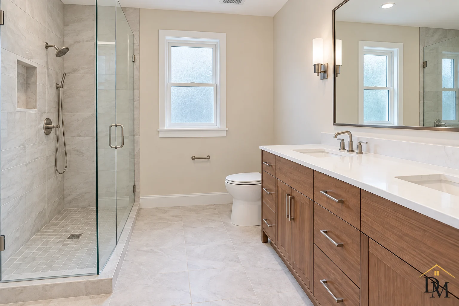 Floor and vanity clear, glass shower done, ready for move-in day.
