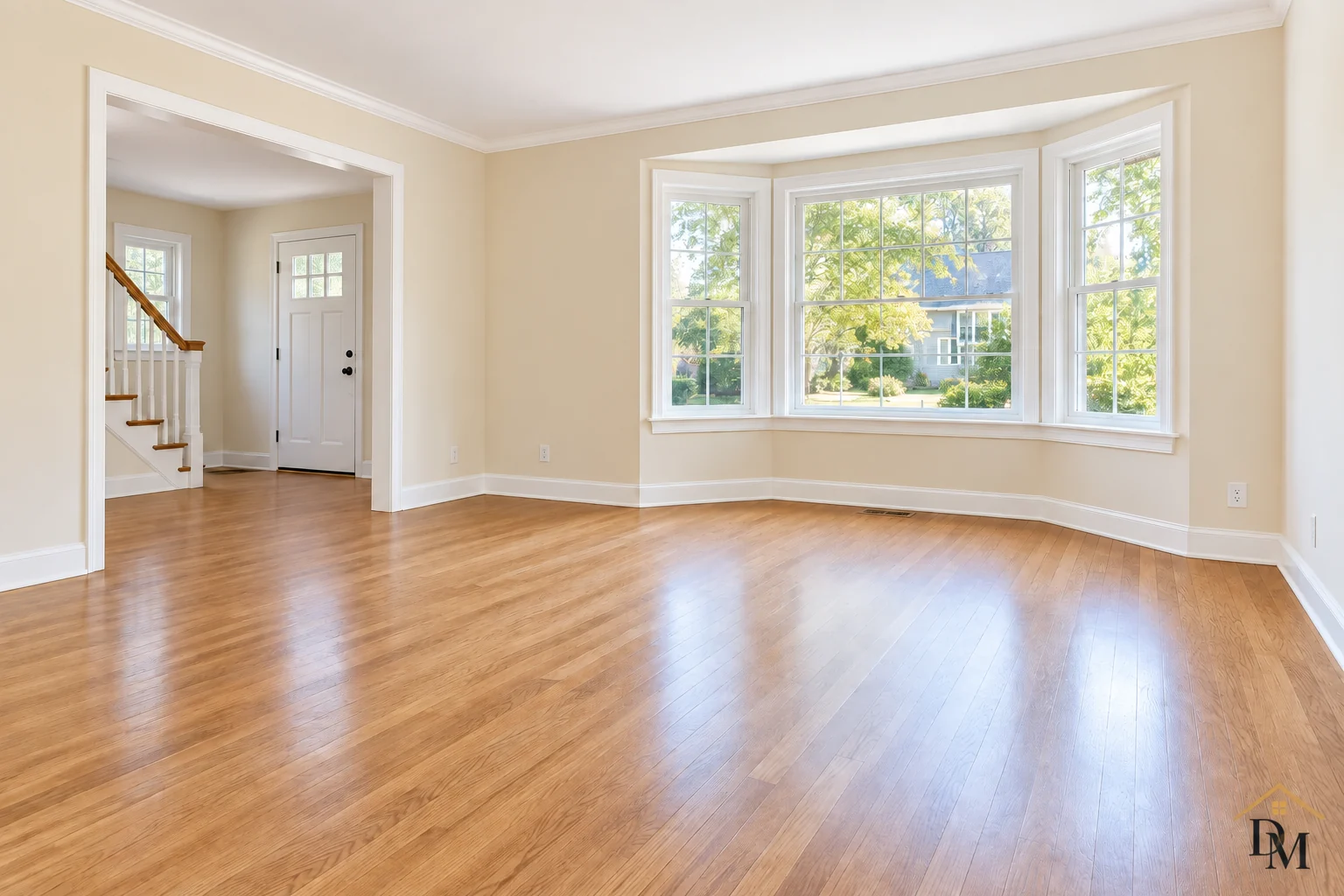 Mop and caddy gone, oak floor clear under the bay windows.