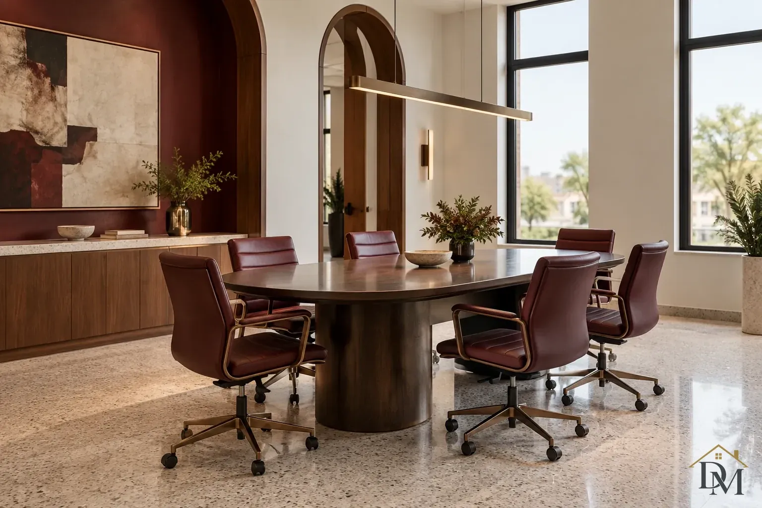 Oval meeting table with burgundy chairs beside tall windows.
