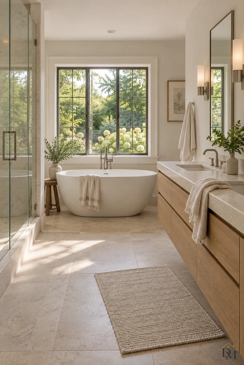 Before: a towel draped over the long wood vanity and the mat off line on the stone floor.