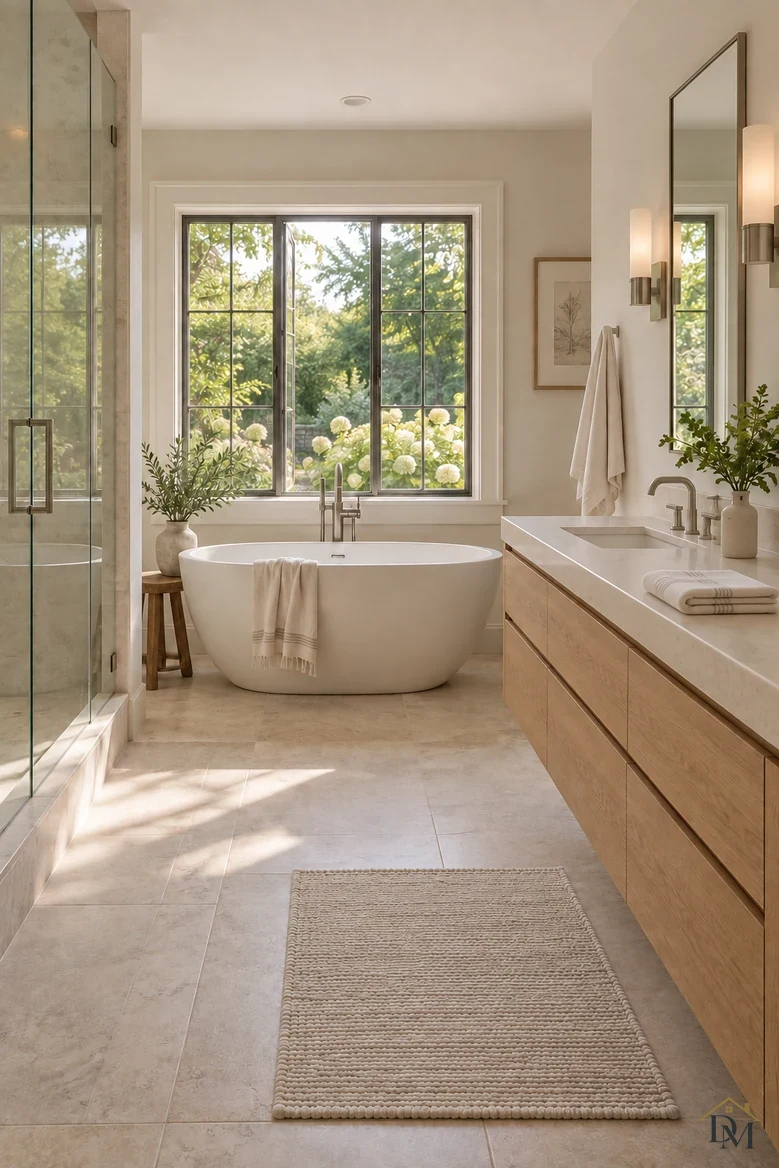 After: the towel folded on the vanity and the mat set straight.
