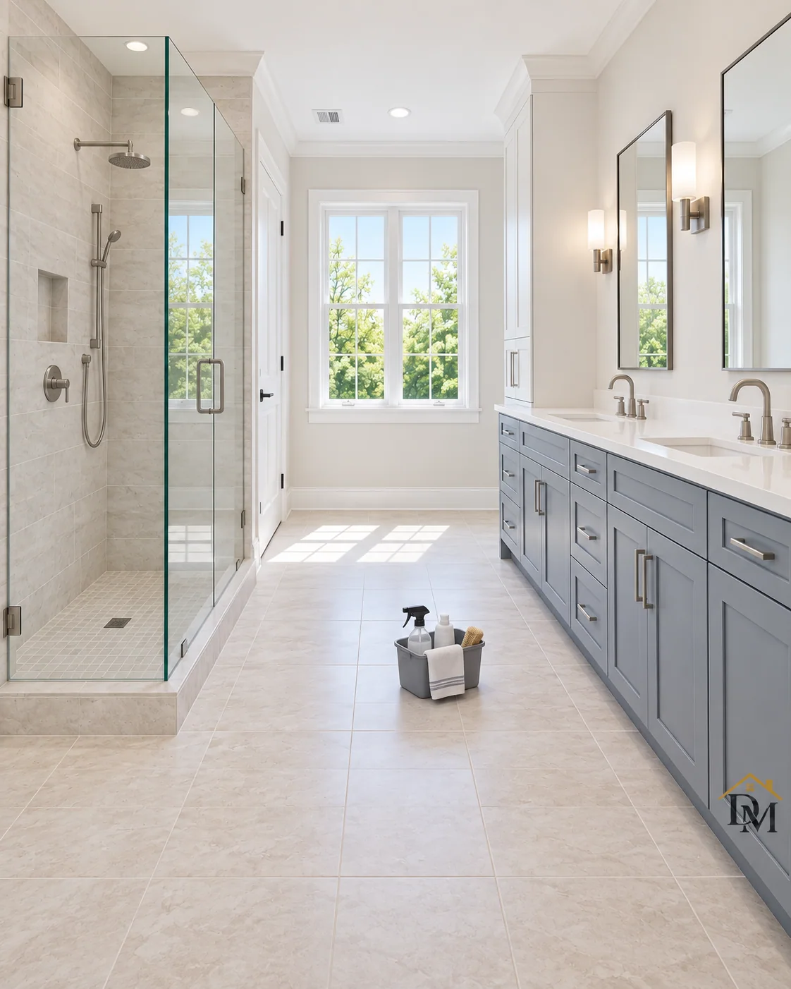 Before move-in: caddy on the tile between the glass shower and blue-gray vanity.