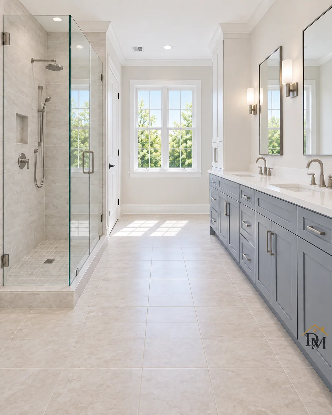 Ready for towels: tile clear from the shower glass to the gray vanity.