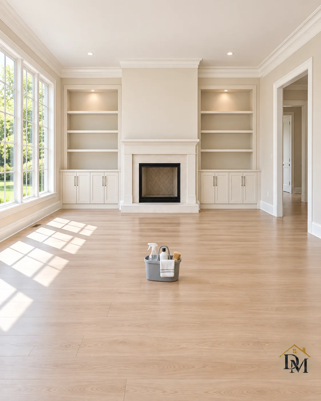 Before move-in: our supply caddy on the pale floor facing the fireplace.