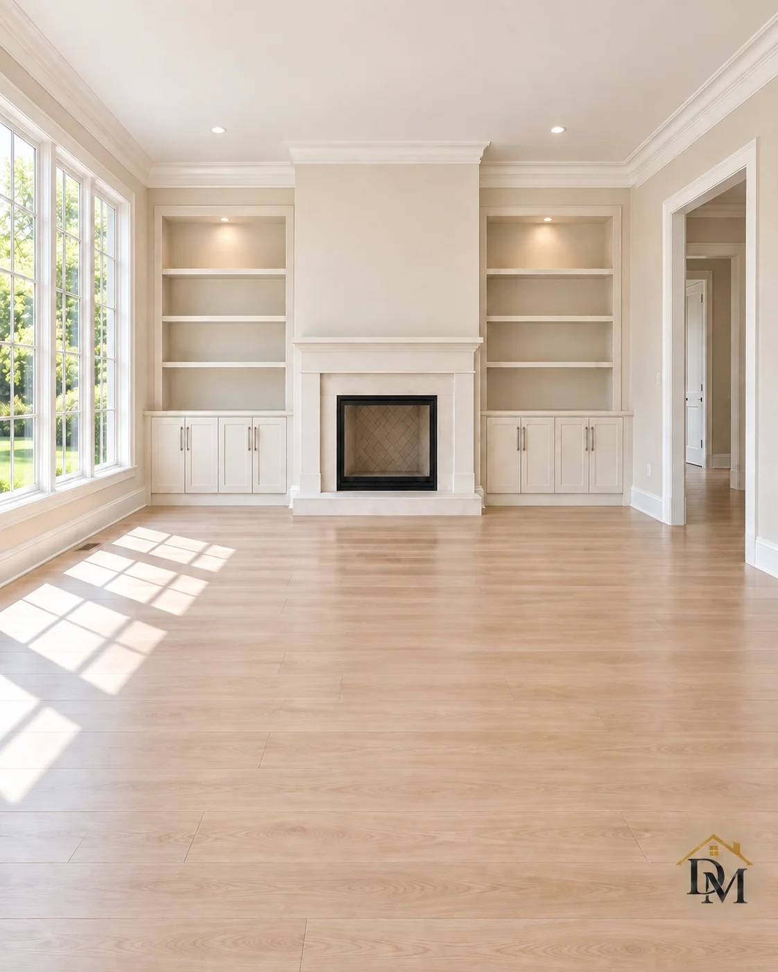 Ready for furniture: caddy gone, floor and built-ins clear.