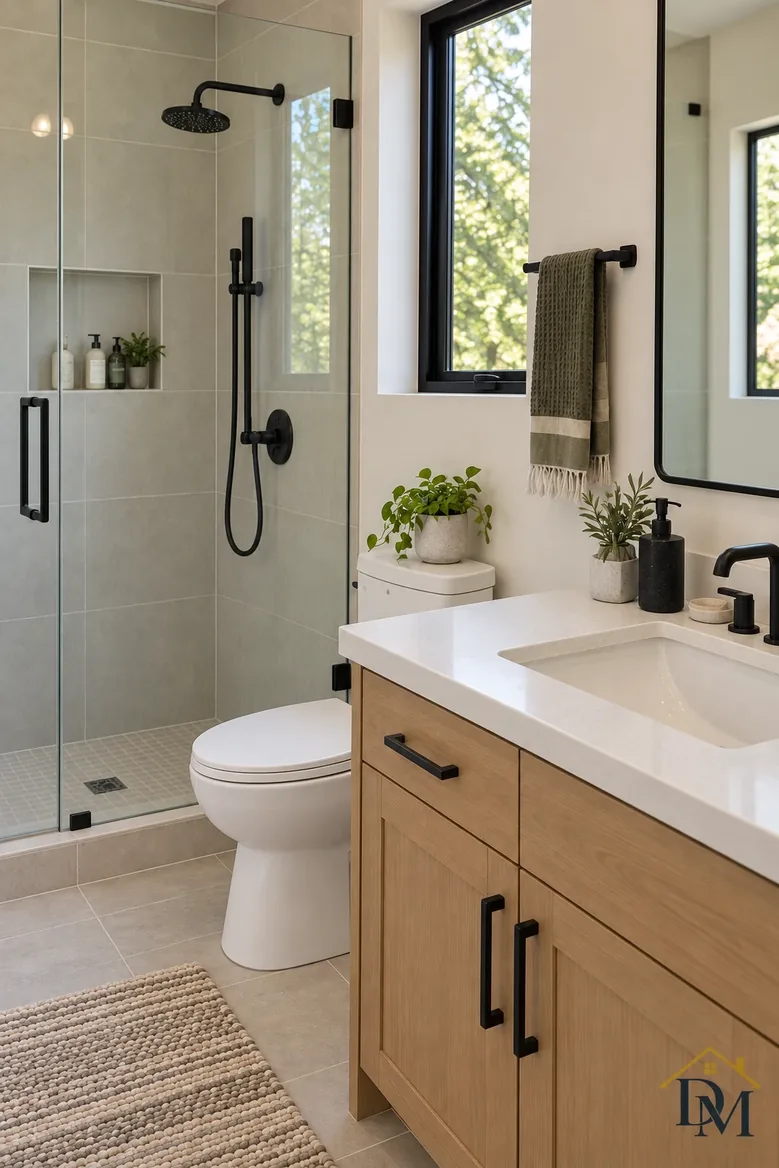 Unit view B: towel folded on the counter, penny-tile floor clear.