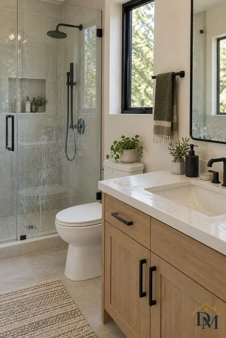 Unit view A: towel draped over the vanity drawers.