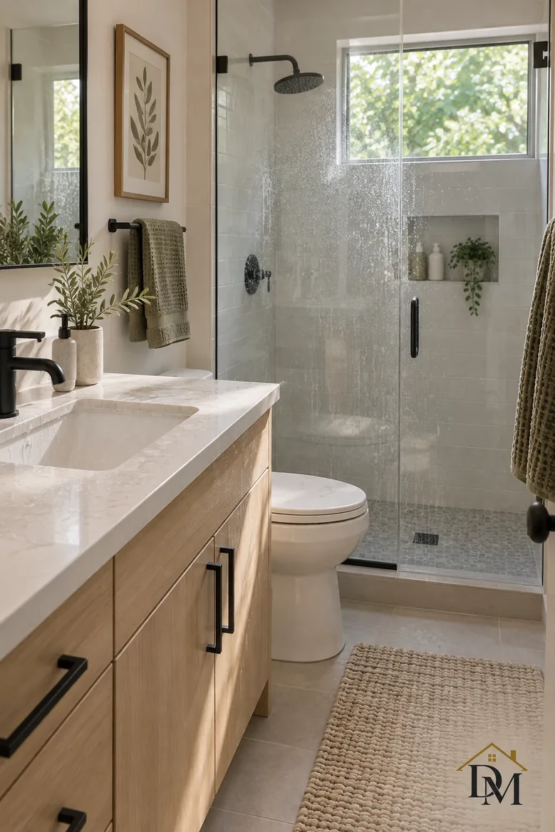 A towel hanging over the vanity doors and drawers.