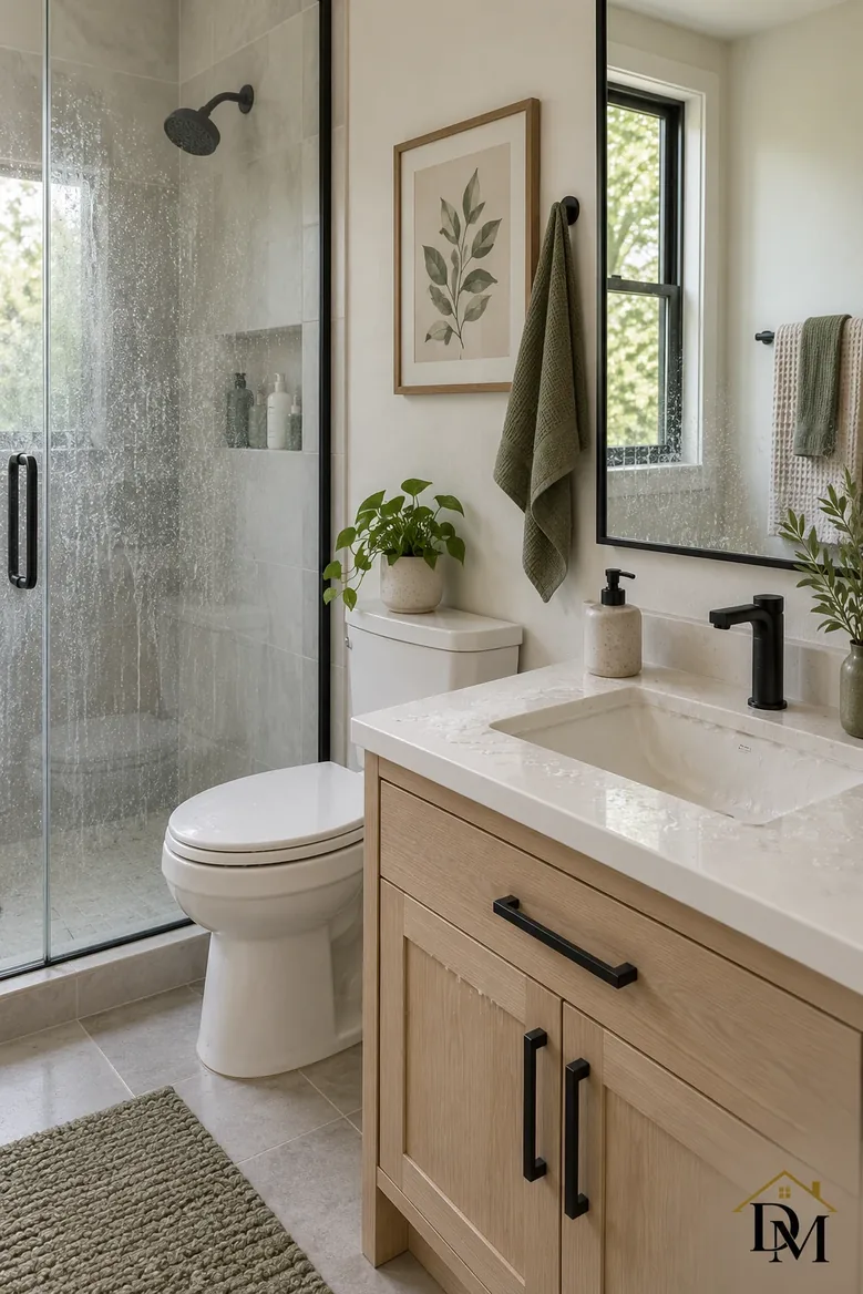 Between visits: a towel ends up over the vanity.