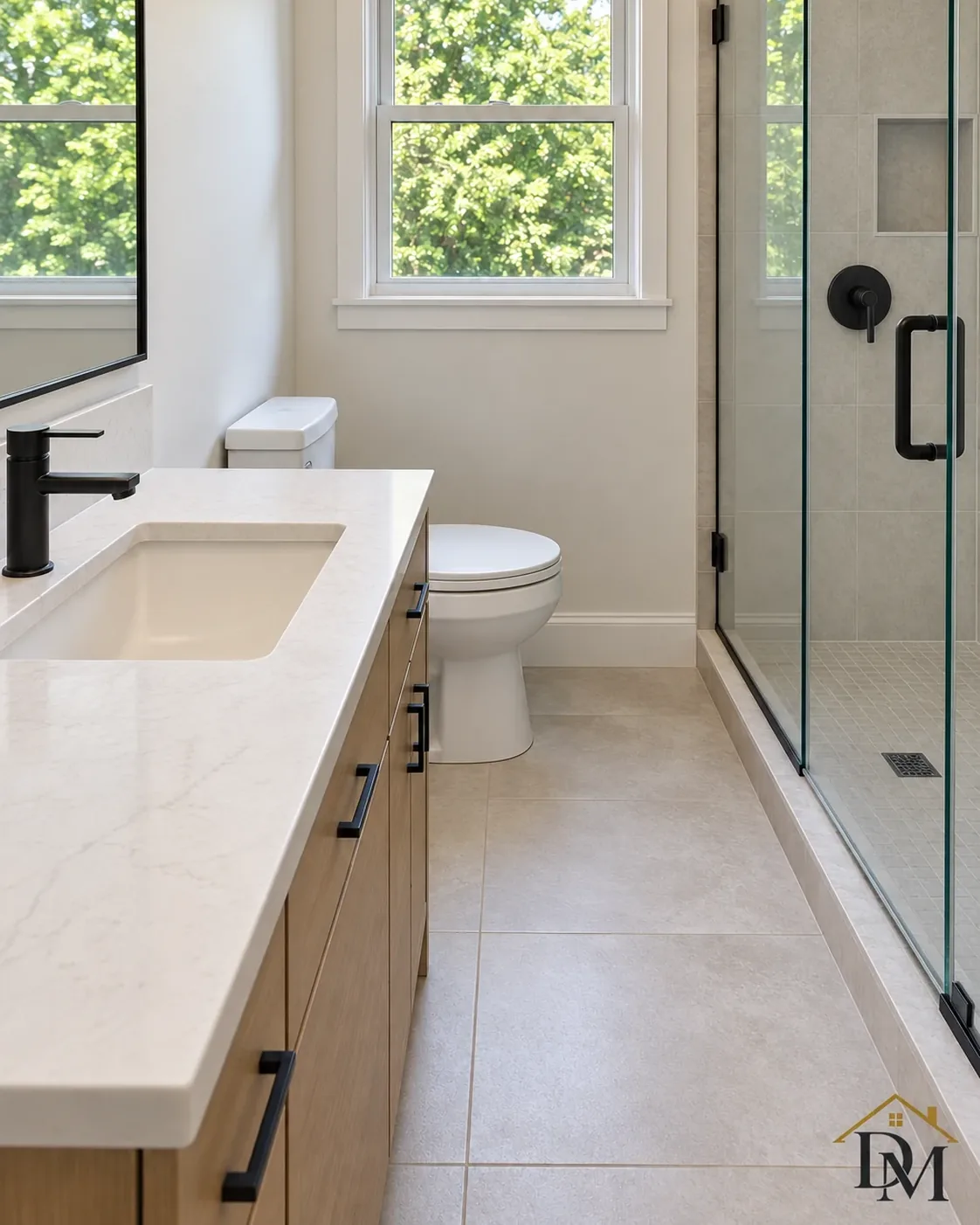 Ready for move-in: nothing left on the wide-plank bathroom floor.