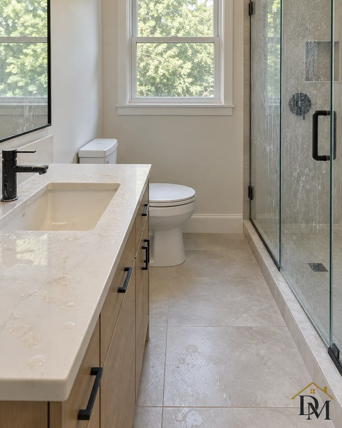 Before move-in: caddy on the bathroom floor between the glass shower and the sage vanity.