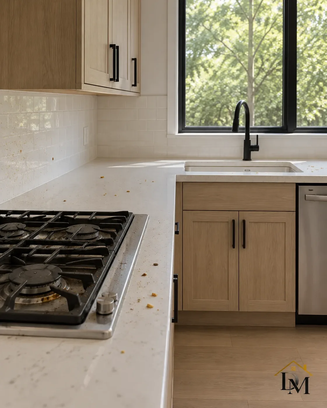 At handover, view A: the caddy on the bare floor in front of the fireplace.
