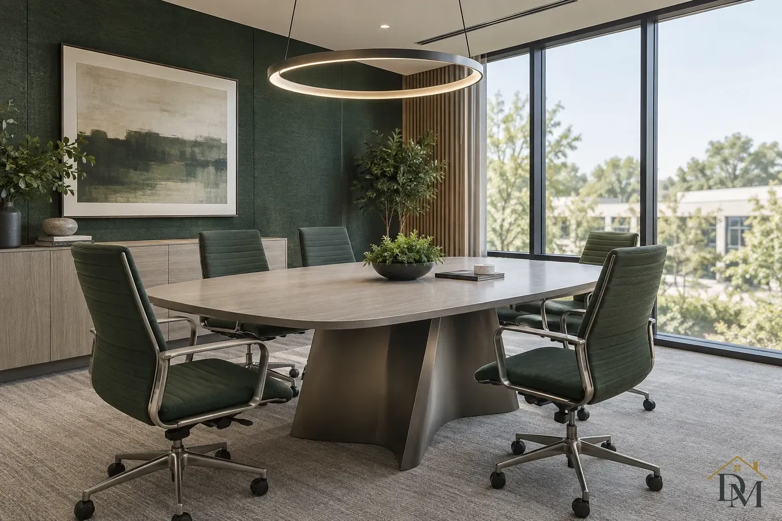 Meeting table with green office chairs beneath a circular pendant beside large windows.