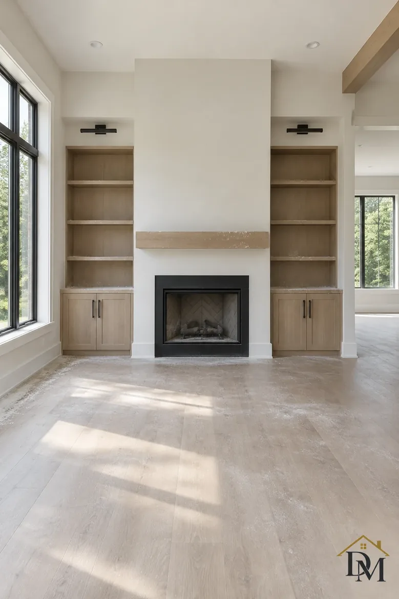 Finished lounge, view A: throw, books and mug still out on the brass tables.