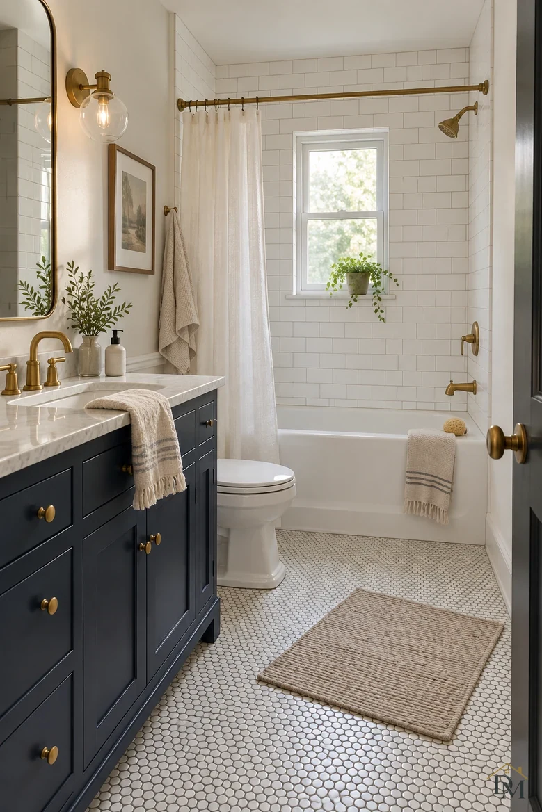 View A: a striped towel hanging over the navy vanity edge.