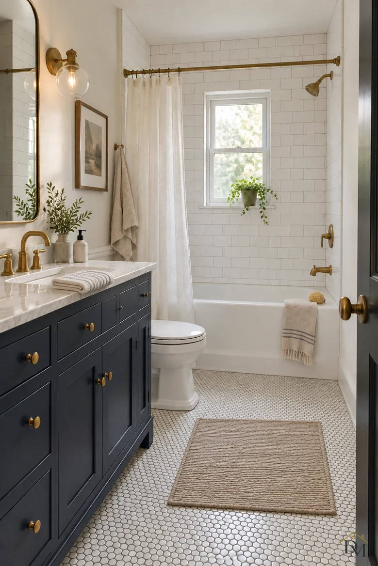 View B: the striped towel folded on the marble counter.