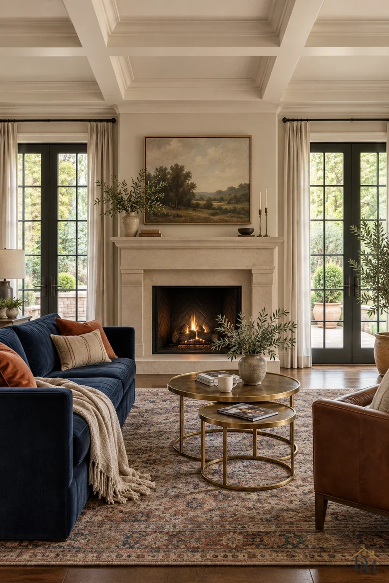 View A: a cream throw over the navy sofa, a mug and books on the brass nesting tables.