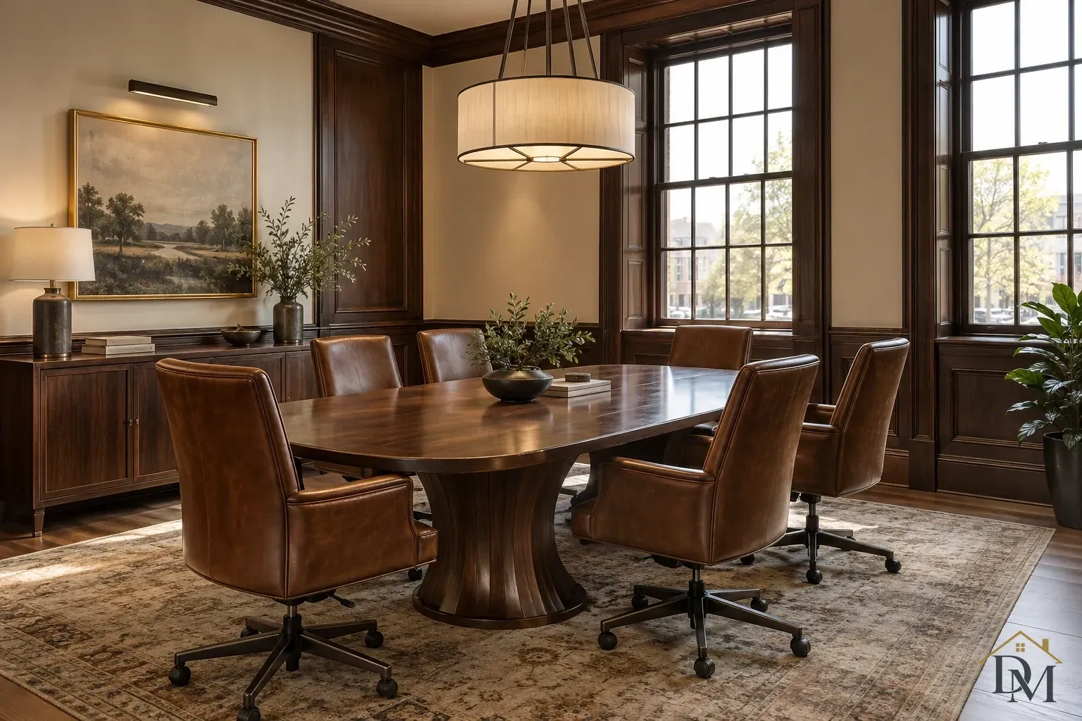 Oval wooden meeting table with brown leather chairs beneath a drum pendant beside tall windows.