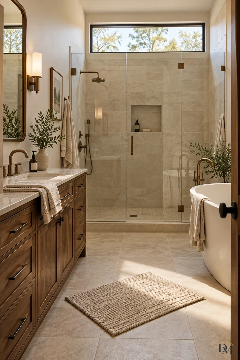 First view: a towel draped over the wood vanity edge and the bath mat set at an angle.