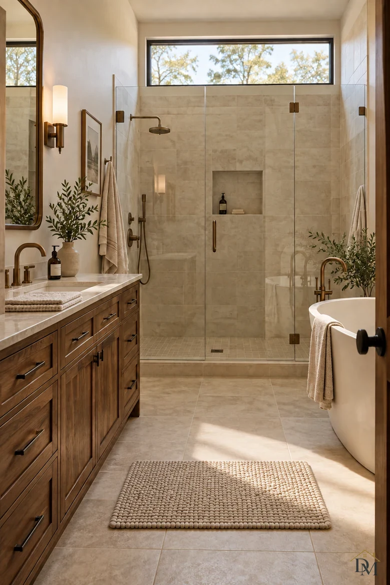 Second view: the towel folded on the counter and the mat squared on the tile.