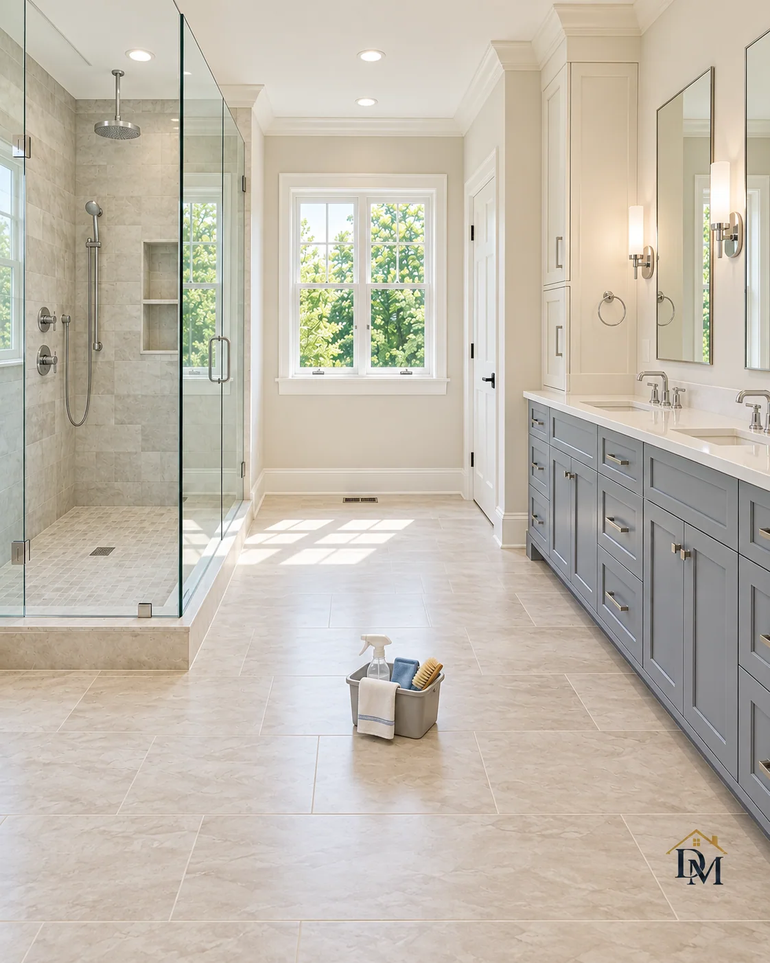 Before move-in: the caddy waits on the tile between the shower and gray vanity.