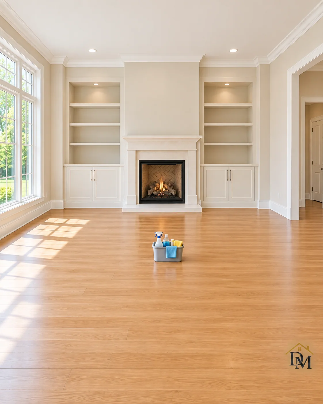 Before move-in: a supply caddy sits on the wood floor in front of the fireplace.