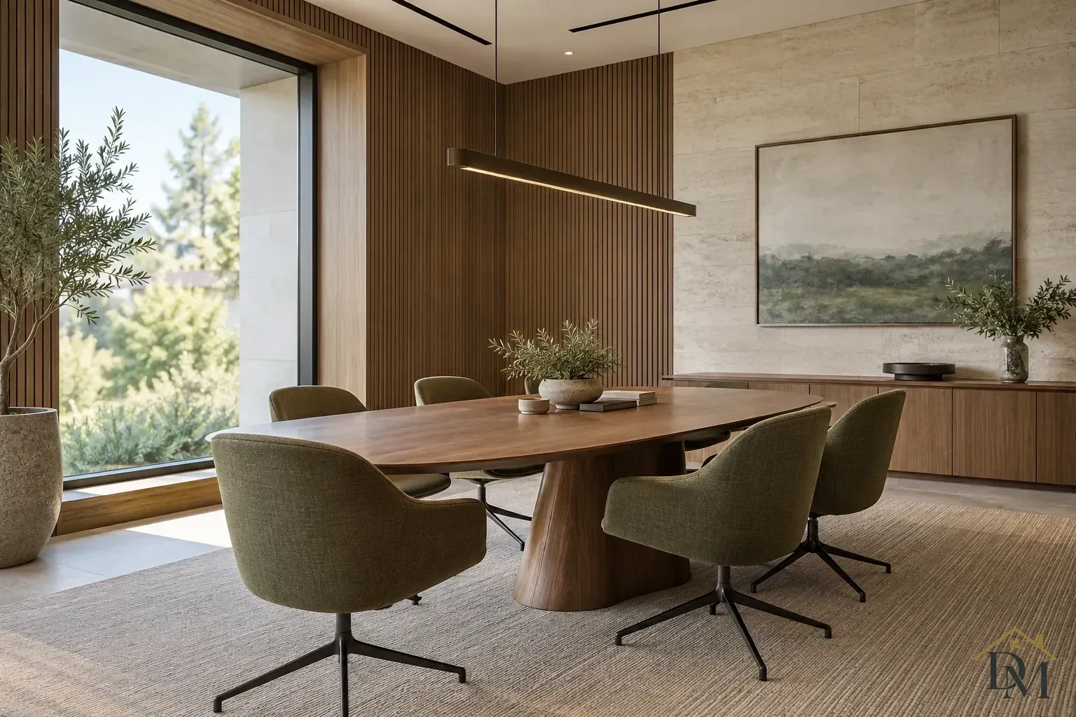 Wooden meeting table with green upholstered chairs beside a large window and a wood-slat wall.