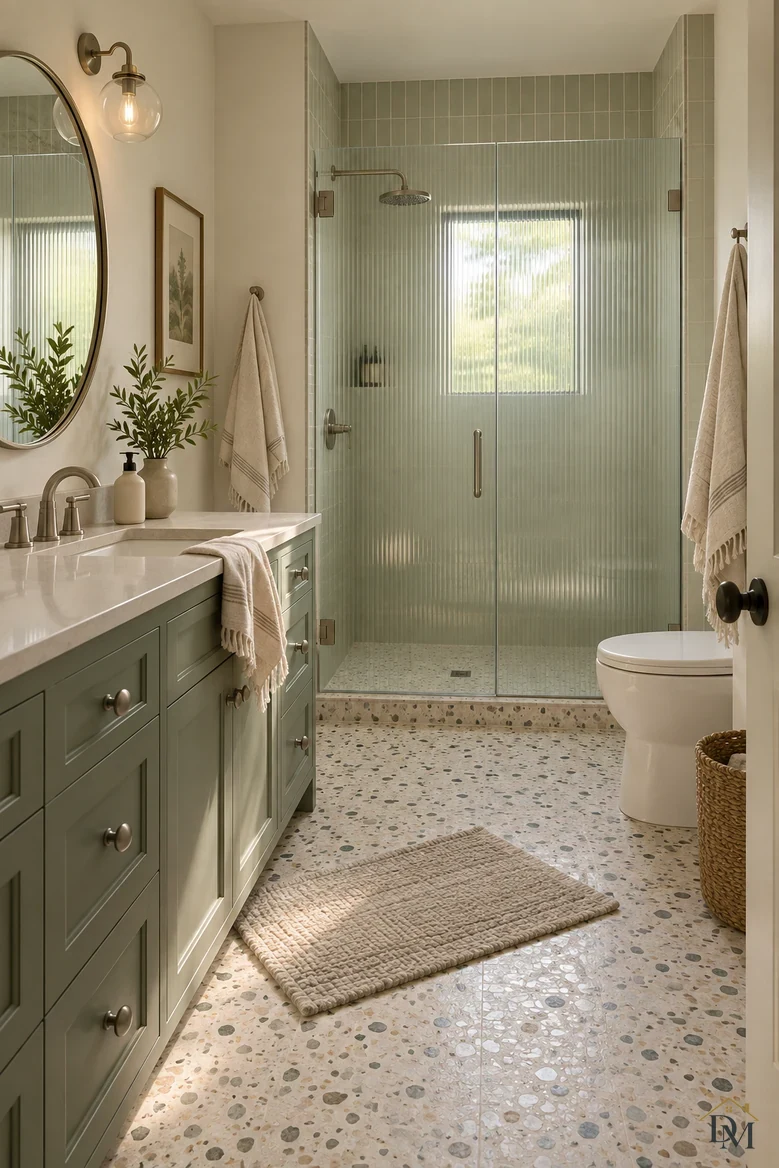View A: a striped towel hanging over the edge of the sage vanity counter.