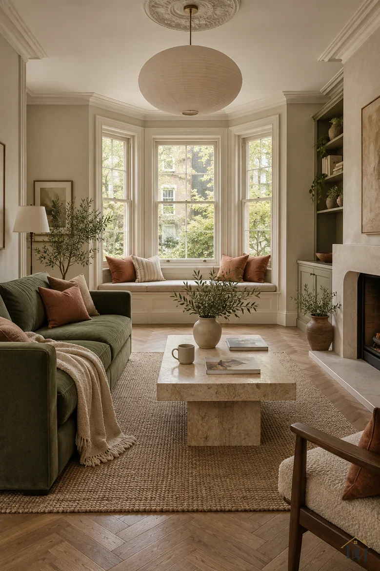 View A: a cream throw spread over the green sofa and a mug and two books on the stone coffee table.