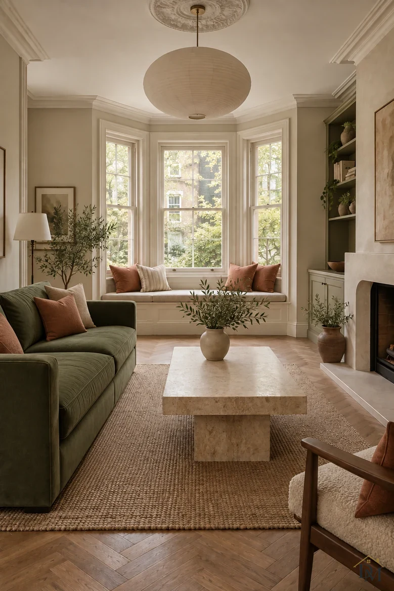 View B: throw, mug and books gone, only the olive-branch vase left on the stone table.