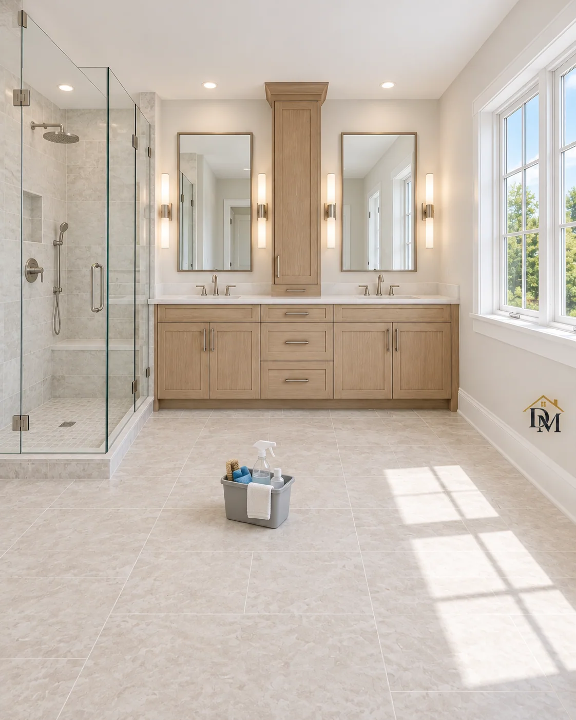 Before move-in: a caddy on the pale tile near the oak double vanity.