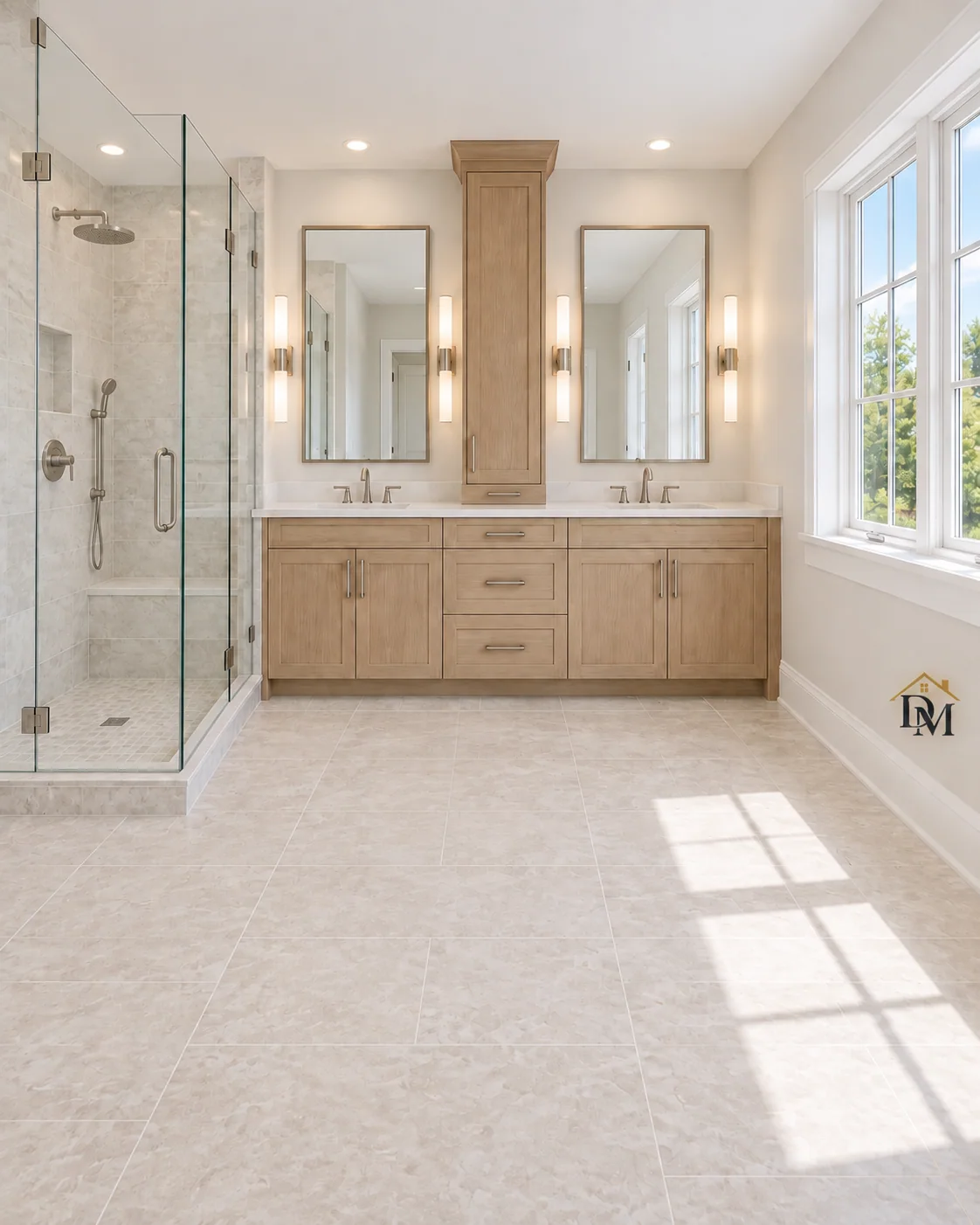 Ready for move-in: tile clear from the glass shower to the oak vanity.