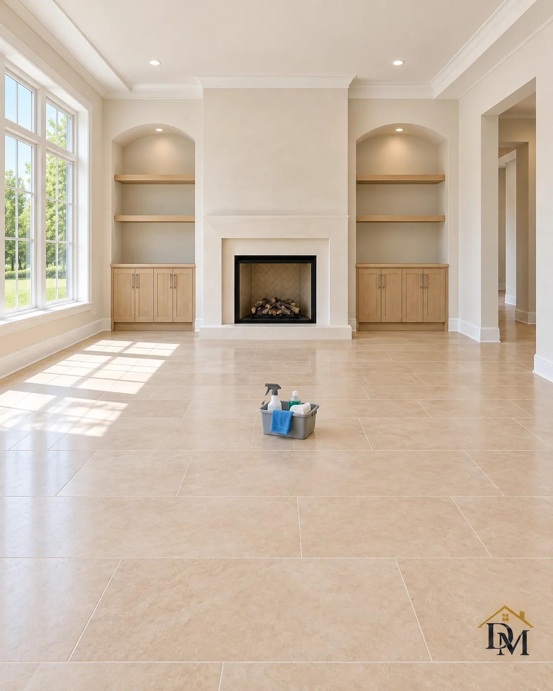 Before move-in: a supply caddy on the large beige floor tiles in front of the fireplace.