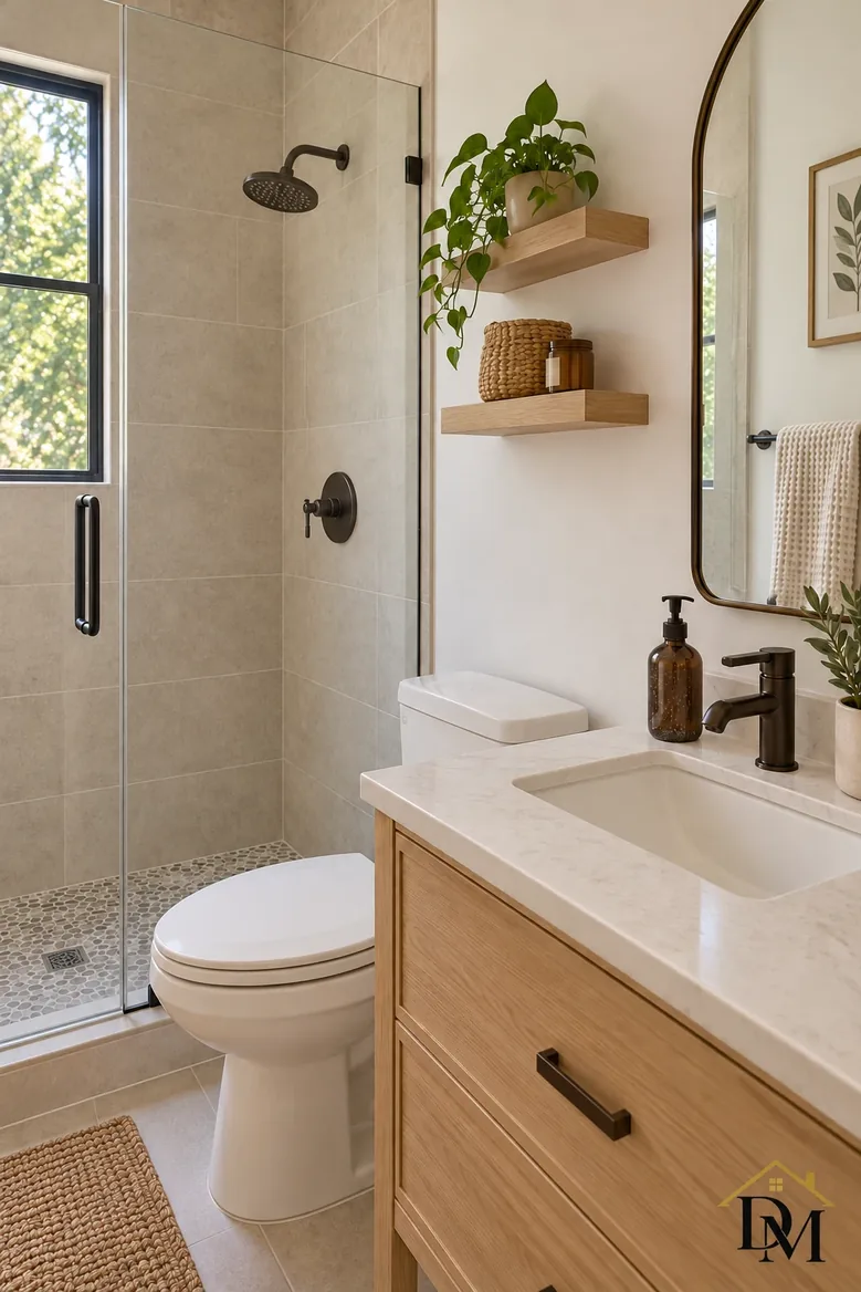 For the next guest: fresh towels stacked on the counter, mat squared.
