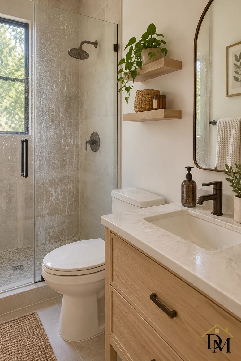 At checkout: towel hanging off the vanity, mat pushed crooked.