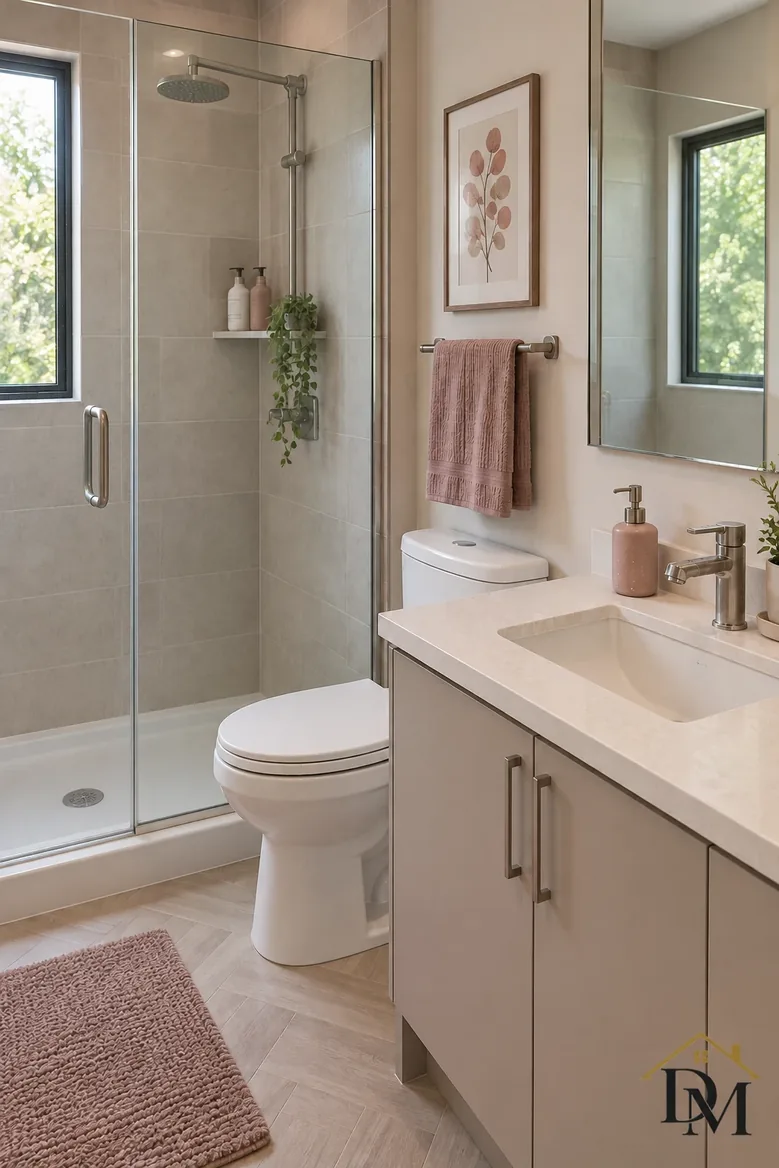 Apartment bath, view B: towels folded and the mat lined up.