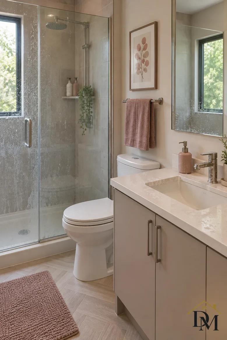 Apartment bath, view A: towel over the vanity and the mat askew.