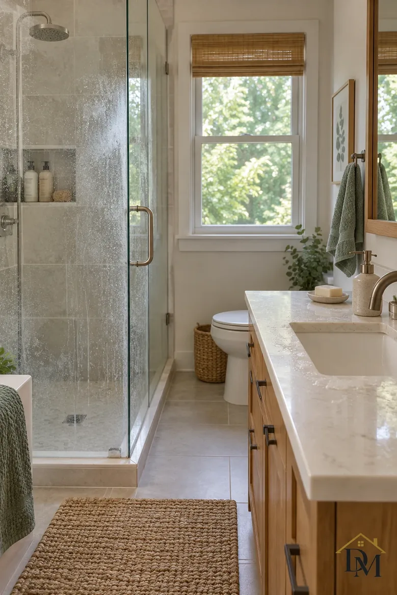 Before: towel across the marble vanity and mat off square.