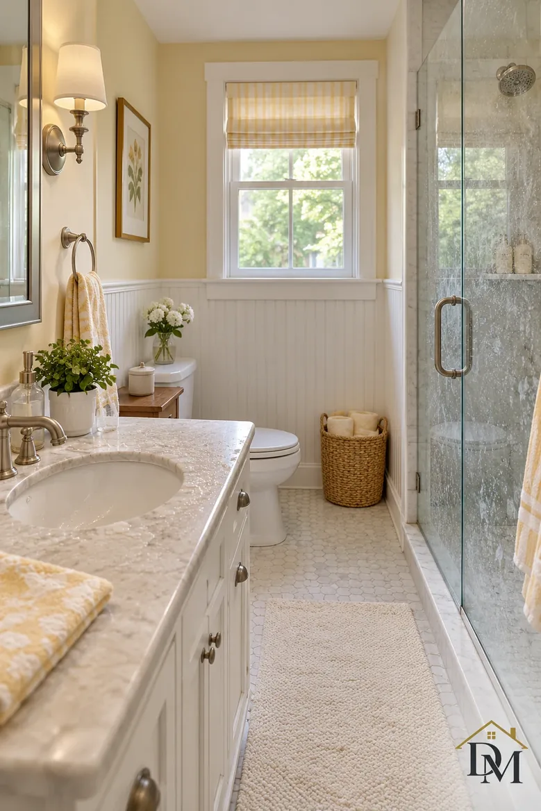 Mid-week: a towel hangs off the vanity and the mat drifts.