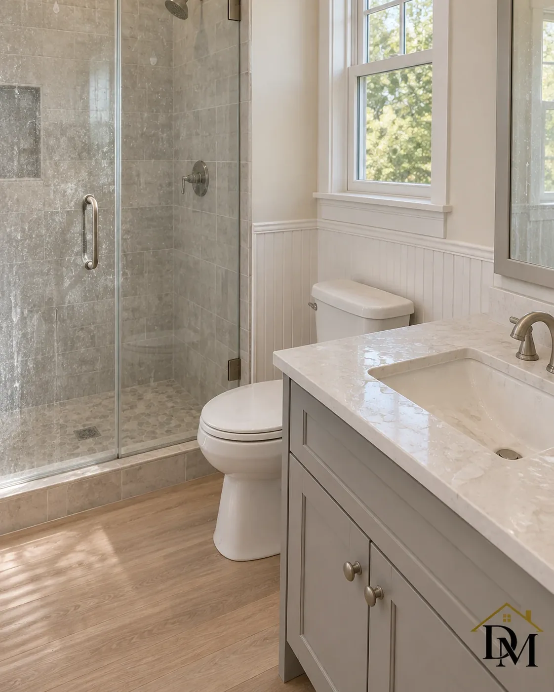 Before move-in: caddy between the glass shower and gray vanity.