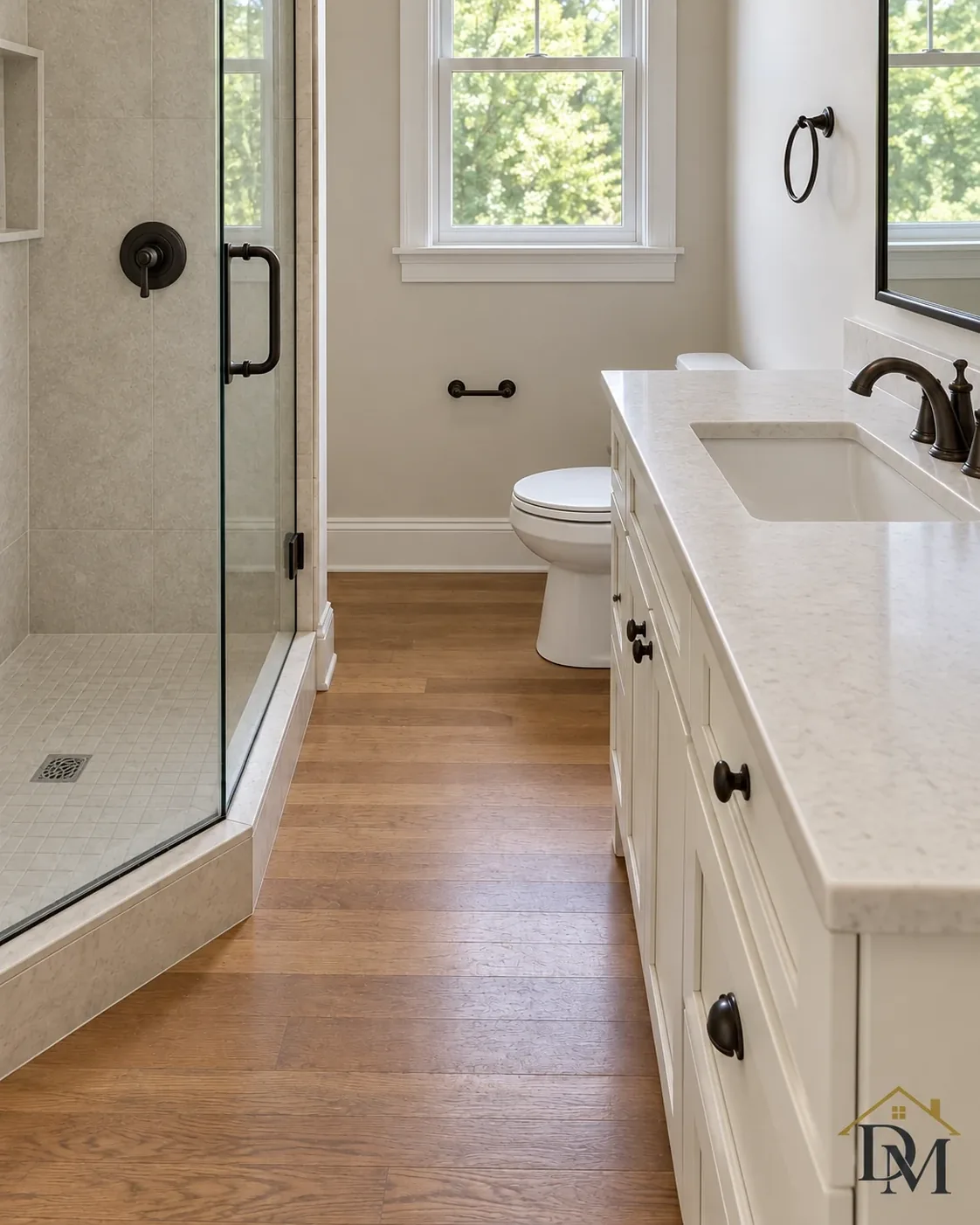 At key return, view B: nothing left on the bathroom floor.