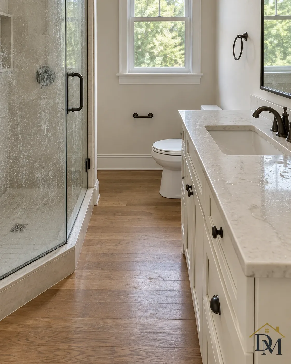 Before key return, view A: supplies on the floor beside the vanity.