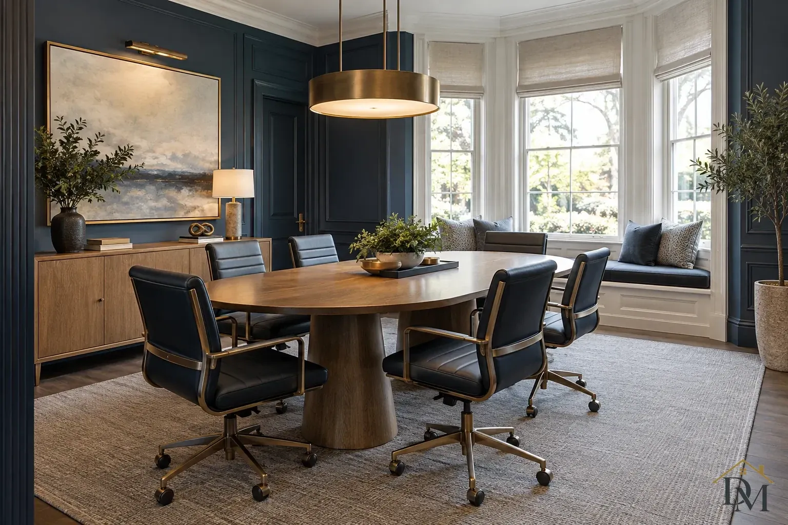 Oval wooden meeting table with dark chairs beneath a brass pendant beside a bay-window seat.