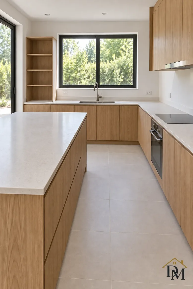 Renovated bath, view B: towels folded and floor clear for the final pass.
