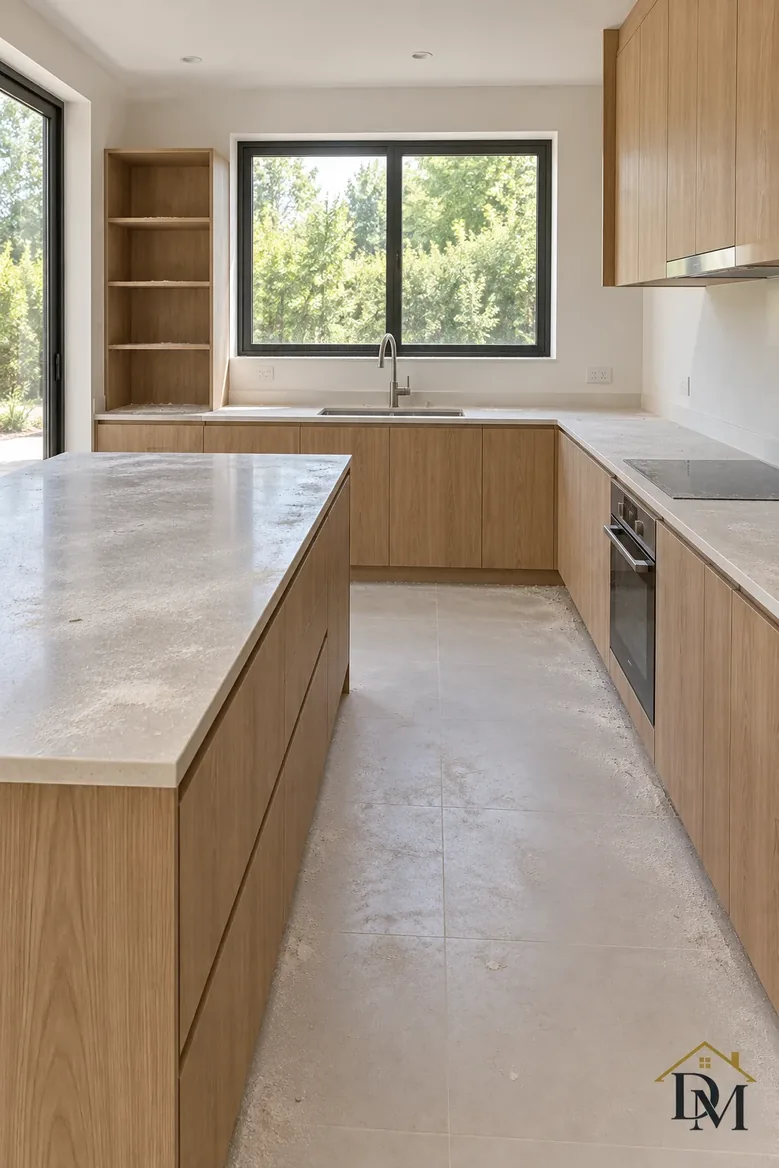 Renovated bath, view A: towel over the new vanity, mat crooked.